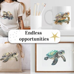 May include: A set of four different products featuring watercolor illustrations of sea turtles. The products include a white t-shirt, a white mug, a canvas tote bag, and a framed print.