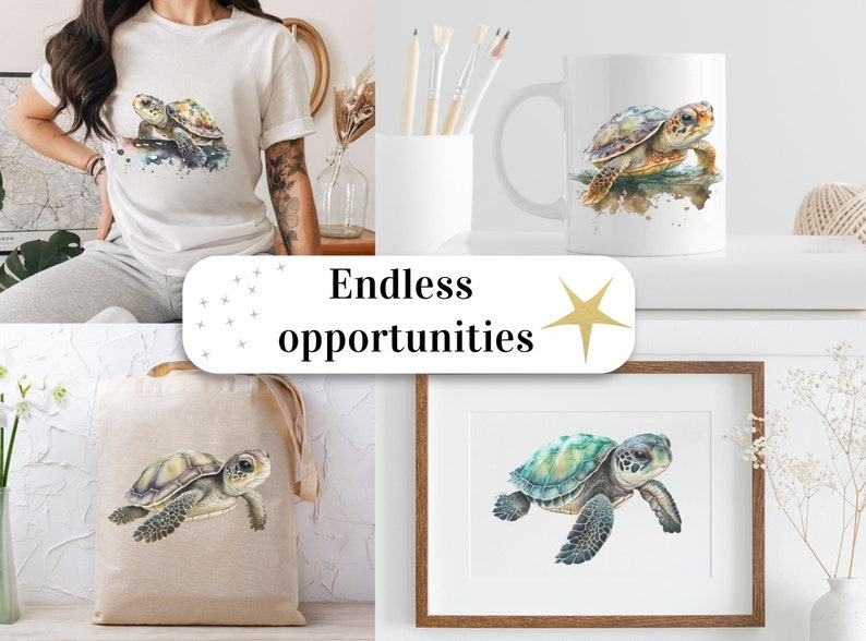 May include: A set of four different products featuring watercolor illustrations of sea turtles. The products include a white t-shirt, a white mug, a canvas tote bag, and a framed print.