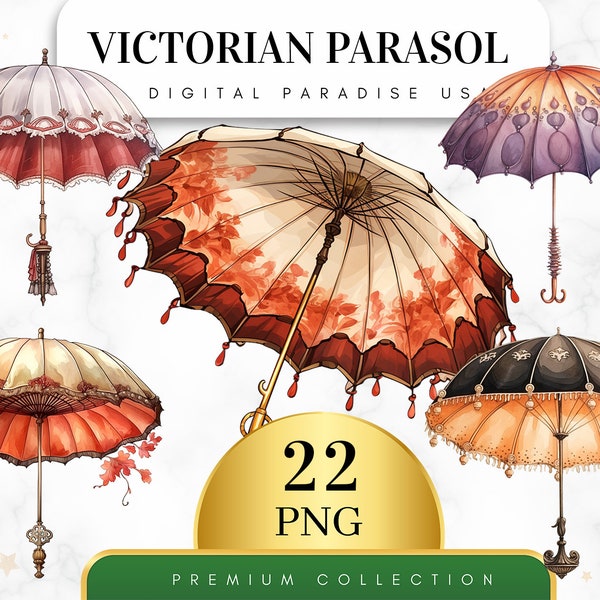 Set of 22, Victorian Parasol Clipart, Antique Umbrella PNG, Vintage Victorian, Nursery Clipart, Junk Journal, Sublimation, Digital Download