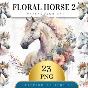 Set of 23, Watercolor Floral Horse Art, Floral Horse Clipart, Watercolor Horse Png, Card Making, Mixed Media, Floral Horse Svg, Digital PNG