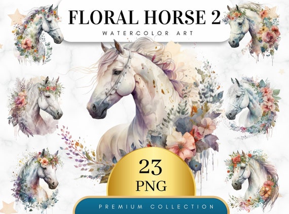 Set of 23, Watercolor Floral Horse Art, Floral Horse Clipart, Watercolor Horse Png, Card Making, Mixed Media, Floral Horse Svg, Digital PNG
