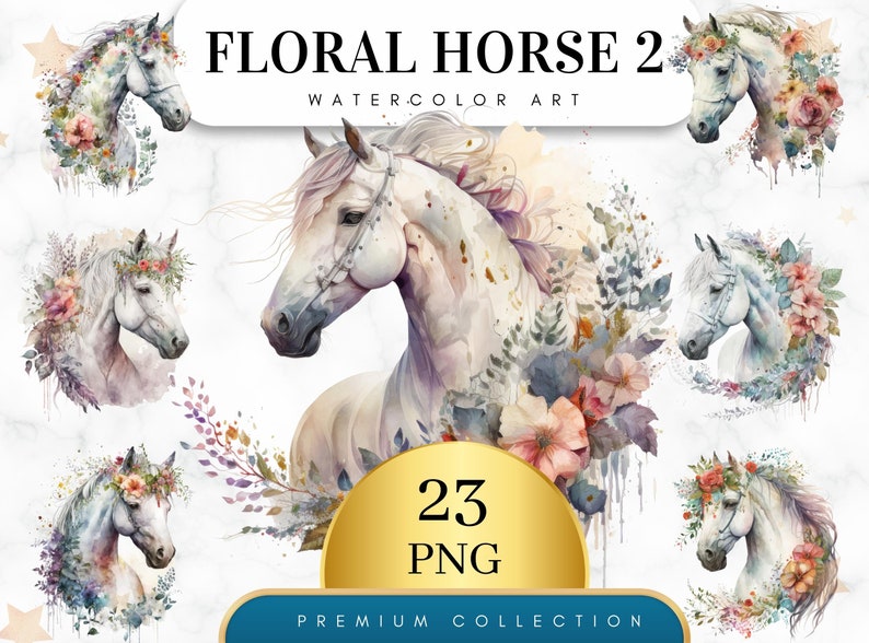 Set of 23, Watercolor Floral Horse Art, Floral Horse Clipart, Watercolor Horse Png, Card Making, Mixed Media, Floral Horse Svg, Digital PNG image 1