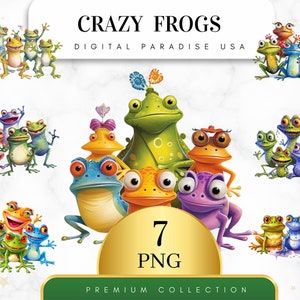 Set of 7, Crazy Frogs Clipart, Frog PNG, Junk Journal Frog, Scrapbook Frogs, Crazy Frogs Art, Frog Bundle, Sublimation PNG, Digital Download