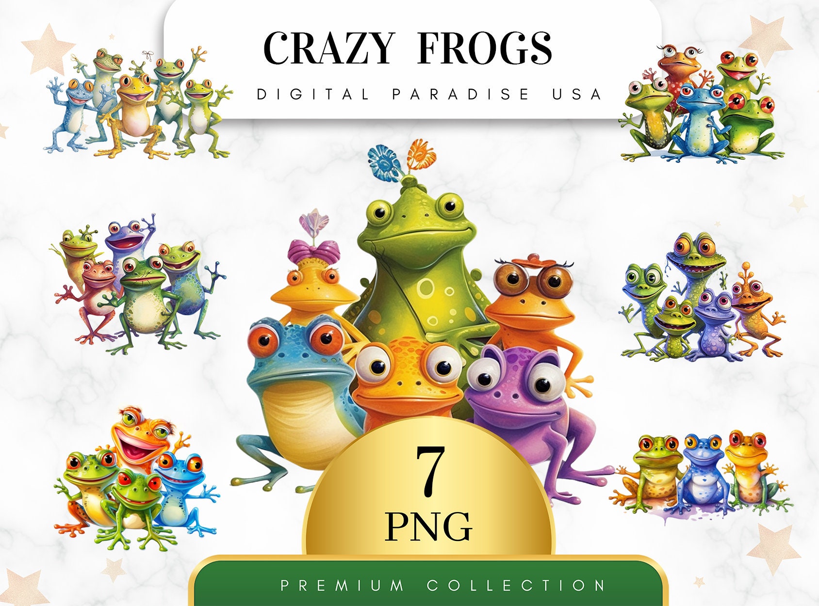 Set of 7, Crazy Frogs Clipart, Frog PNG, Junk Journal Frog