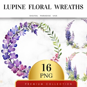 Set von 16, Lupinen Blumenkränzen, Blumen Clipart, Blumenkränze PNG, Frühling Clipart, Hochzeit Clipart, Sublimation PNG, digitaler Download