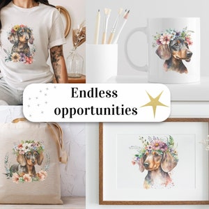 May include: A watercolor illustration of a dachshund wearing a flower crown. The image is available on a variety of products, including a t-shirt, tote bag, mug, and framed print. "Endless opportunities" is written in black text on a white background.