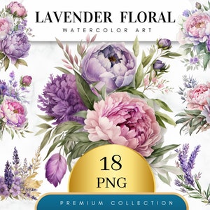 Set of 18, Watercolor Lavender Clipart, Lavender PNG,  Floral Clipart,  Wedding Clipart,  Spring Clipart, Watercolor flower, Digital PNG