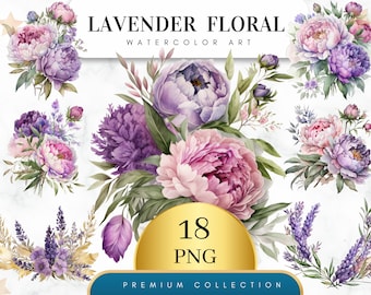 Set of 18, Watercolor Lavender Clipart, Lavender PNG,  Floral Clipart,  Wedding Clipart,  Spring Clipart, Watercolor flower, Digital PNG