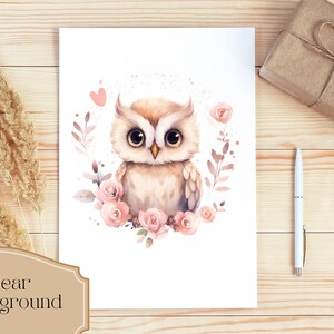 May include: A watercolor illustration of a brown owl with large eyes surrounded by pink flowers and leaves on a white background.