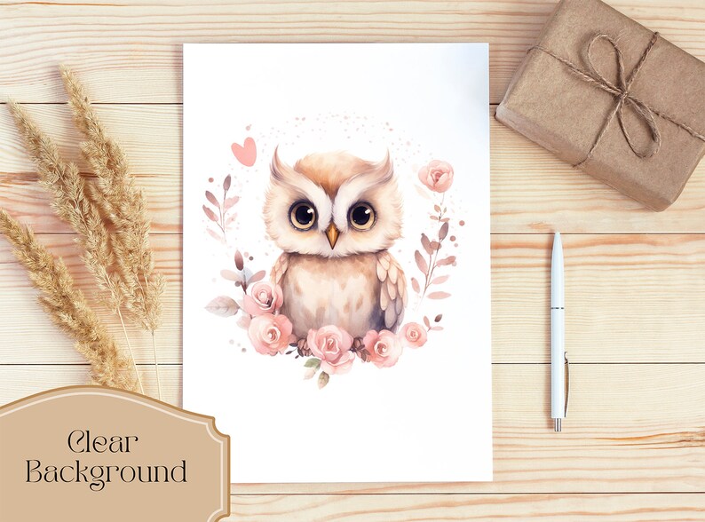 May include: A watercolor illustration of a brown owl with large eyes surrounded by pink flowers and leaves on a white background.