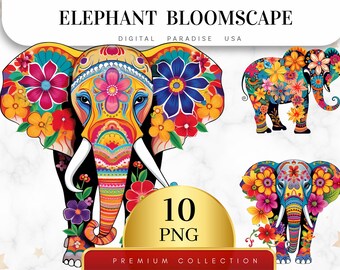 Lot de 10, Clipart Bloomscape éléphant, Clipart éléphant, Junk Journal, Clipart Animal, éléphant PNG, Clipart sublimation, téléchargement numérique