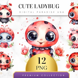 Set of 12, Cute Ladybug Clipart, Ladybug PNG, Cute Bug, Ladybug Scrapbook, Ladybug Clipart, Sublimation PNG, Digital Download, Ladybug Art
