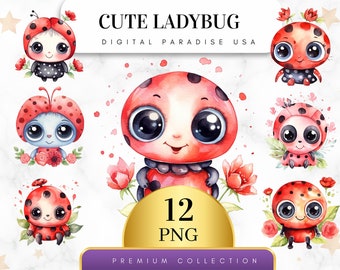 Set of 12, Cute Ladybug Clipart, Ladybug PNG, Cute Bug, Ladybug Scrapbook, Ladybug Clipart, Sublimation PNG, Digital Download, Ladybug Art