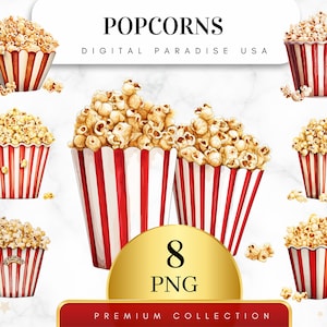 Set of 8, Gourmet Popcorn Clipart, Popcorn Bundle, Popcorn Junk Journal, Movie Night Clipart, Popcorn PNG, Sublimation PNG, Digital Download
