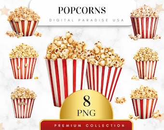 Set of 8, Gourmet Popcorn Clipart, Popcorn Bundle, Popcorn Junk Journal, Movie Night Clipart, Popcorn PNG, Sublimation PNG, Digital Download