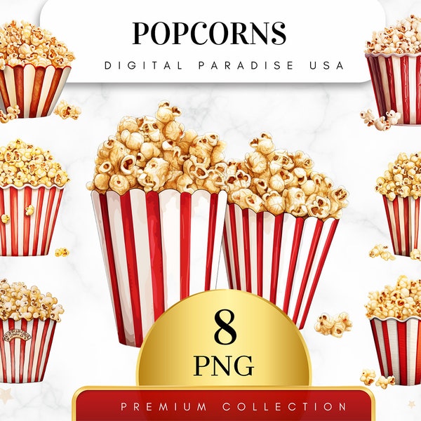 Lot de 8, clipart de pop-corn gastronomique, lot de pop-corn, journal de la malbouffe de pop-corn, clipart soirée cinéma, pop-corn PNG, sublimation PNG, téléchargement numérique