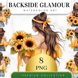 Conjunto de 8, imágenes prediseñadas de la parte trasera del modelo de girasoles, modelos de moda PNG, imágenes prediseñadas de girasol, moda de niña de primavera, descarga digital, sublimación PNG