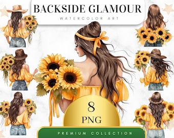 Set of 8, Sunflowers  Model  Backside Clipart, Fashion Models PNG, Sunflower Clipart, Spring Girl Fashion, Digital Download, Sublimation PNG