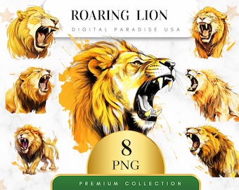 Set of 8, Roaring Lion Clipart, Lion PNG, Watercolor Lion, Animals Clipart, Safari Animal, Jungle Clipart, Digital Download, Sublimation PNG