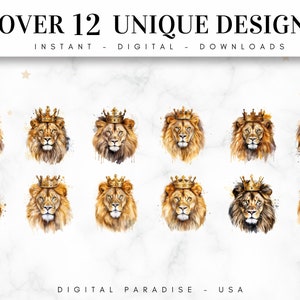 May include: Twelve watercolor illustrations of lions wearing gold crowns. The lions are depicted in a variety of poses and expressions. The background is a white marble texture.