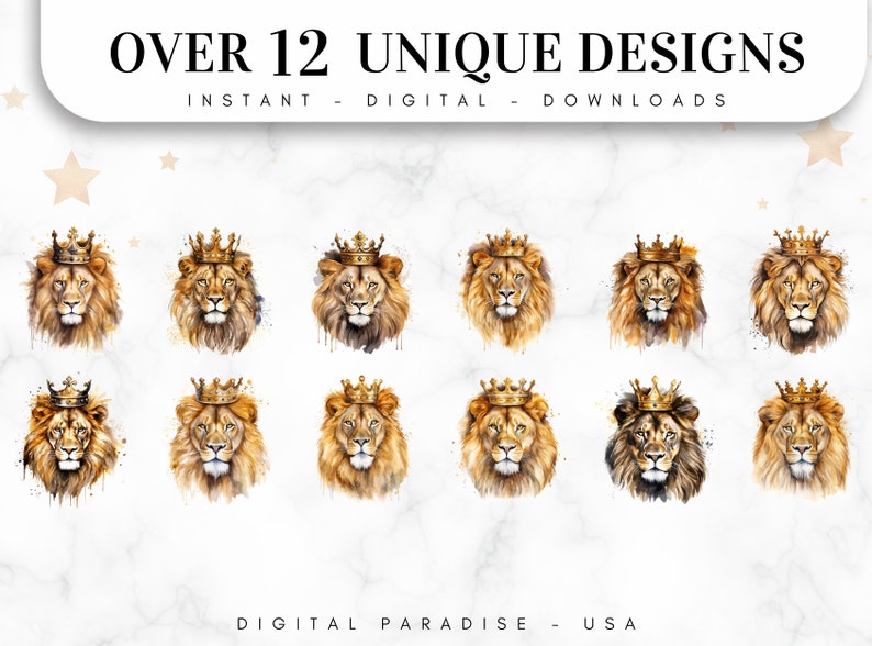 May include: Twelve watercolor illustrations of lions wearing gold crowns. The lions are depicted in a variety of poses and expressions. The background is a white marble texture.