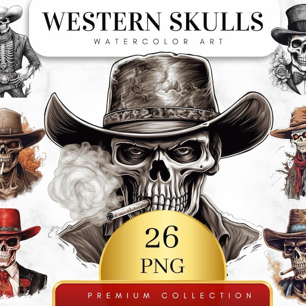 Set of 26, Watercolor Western Skulls PNG, Western Skull Clip Art PNG, Gothic Clipart, Fantasy Clipart, Witch Png, Wiccan Clipart, Skull Png