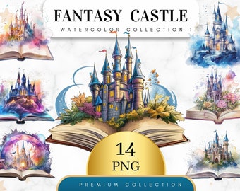 Conjunto de 14, Castillo de fantasía en acuarela, Clipart de fantasía oscura, Castillo de fantasía PNG, Castillo de cuento de hadas, Gráfico medieval, Arte de castillo, PNG digital