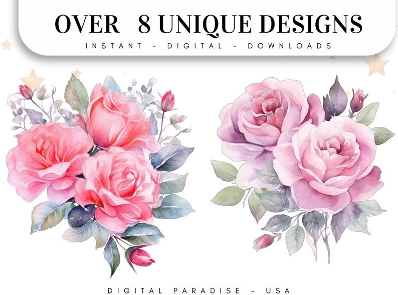 Set of 8, Watercolor Pink Roses Bouquet, Floral Clipart, Wedding Clip ...