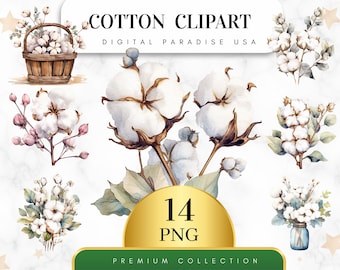 Set of 14, Cotton Clipart, Cotton Plant PNG, Cotton Ball Clipart, Floral Clipart, Scrapbook, Sublimation PNG, Junk Journal, Digital Download