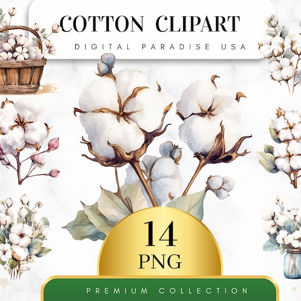 Set of 14, Cotton Clipart, Cotton Plant PNG, Cotton Ball Clipart, Floral Clipart, Scrapbook, Sublimation PNG, Junk Journal, Digital Download