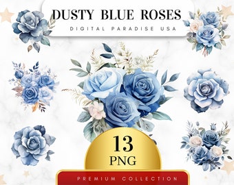 Set of 13, Dusty Blue Roses Clipart, Blue Rose PNG, Floral Clipart, Wedding Flowers, Rose PNG, Scrapbook, Sublimation PNG, Digital Download