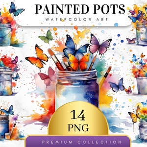 May include: A set of 14 watercolor illustrations of painted pots with butterflies. The pots are a variety of shapes and sizes, including jars, buckets, and flower pots. The butterflies are in various colors and patterns. The illustrations are perfect for adding a touch of whimsy to any project.