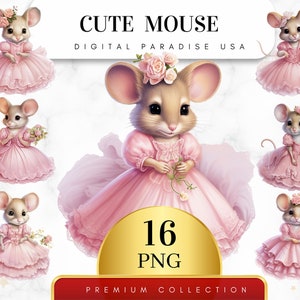 Set of 16, Cute Mouse Clipart, Fairytale Mouse PNG, Mouse Clipart, Mouse Sublimation, Watercolor Mouse clipart, Cute Mice, Digital Download