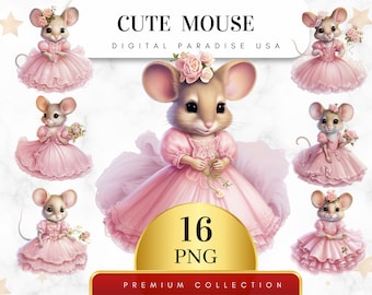Set of 16, Cute Mouse Clipart, Fairytale Mouse PNG, Mouse Clipart, Mouse Sublimation, Watercolor Mouse clipart, Cute Mice, Digital Download