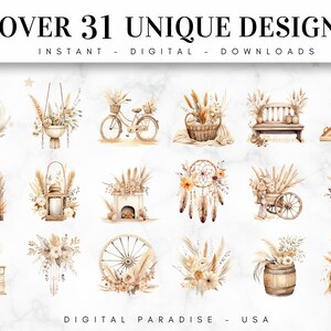 Set of 31, Boho Beige Cliparts, Beige Clipart Bundle, Junk Journal Art, Scrapbook Clipart, Beige Dreamcatcher, Sublimation, Digital Download image 2