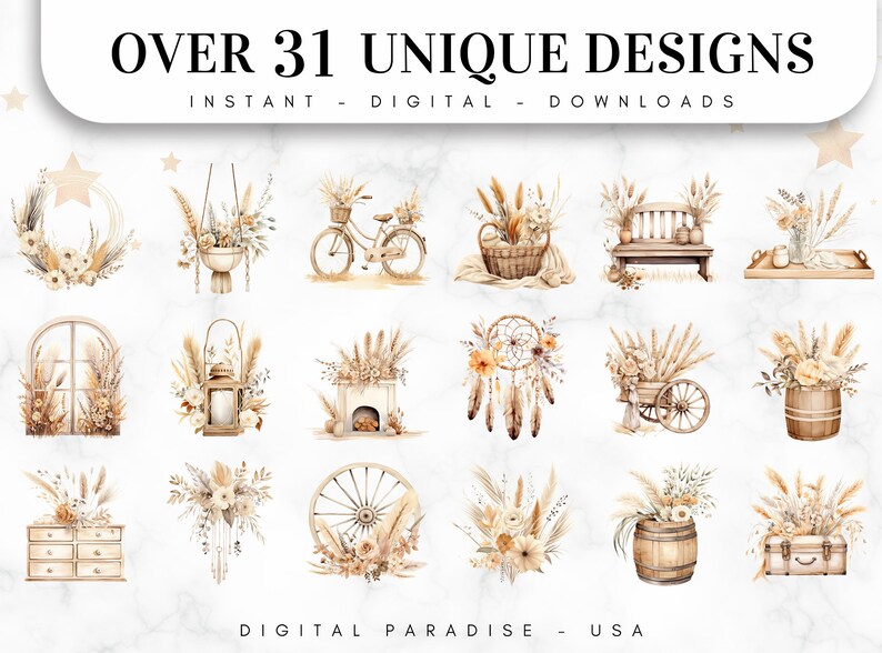 Set of 31, Boho Beige Cliparts, Beige Clipart Bundle, Junk Journal Art, Scrapbook Clipart, Beige Dreamcatcher, Sublimation, Digital Download image 2