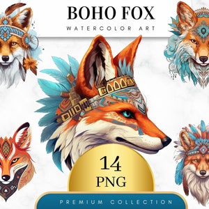 Set of 14, Watercolor Fox Clipart, Boho Fox Png, Cute Fox Clipart, Woodland Animals Clipart, Fantasy Fox Art, Sublimation Png, Digital PNG