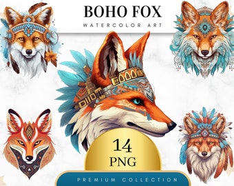 Set of 14, Watercolor Fox Clipart, Boho Fox Png, Cute Fox Clipart, Woodland Animals Clipart, Fantasy Fox Art, Sublimation Png, Digital PNG