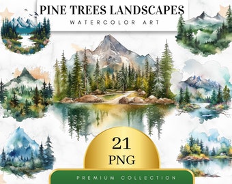 Set of 21, Watercolor Pine Trees Landscape, Pine Tree Clipart, Pine Tree PNG, Forest Clipart, Nature Clipart, Sublimation, Digital Download
