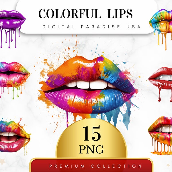 Set of 15, Colorful Lips Clipart, Lipstick Kisses, Lip Clip Art, Makeup PNG, Beauty Clipart, Junk Journal, Sublimation PNG, Digital Download