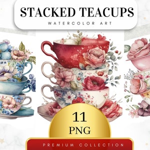 May include: A set of 11 watercolor illustrations of stacked teacups with floral designs. The teacups are decorated with pink, red, blue, and white flowers. The illustrations are perfect for creating digital or printed designs.
