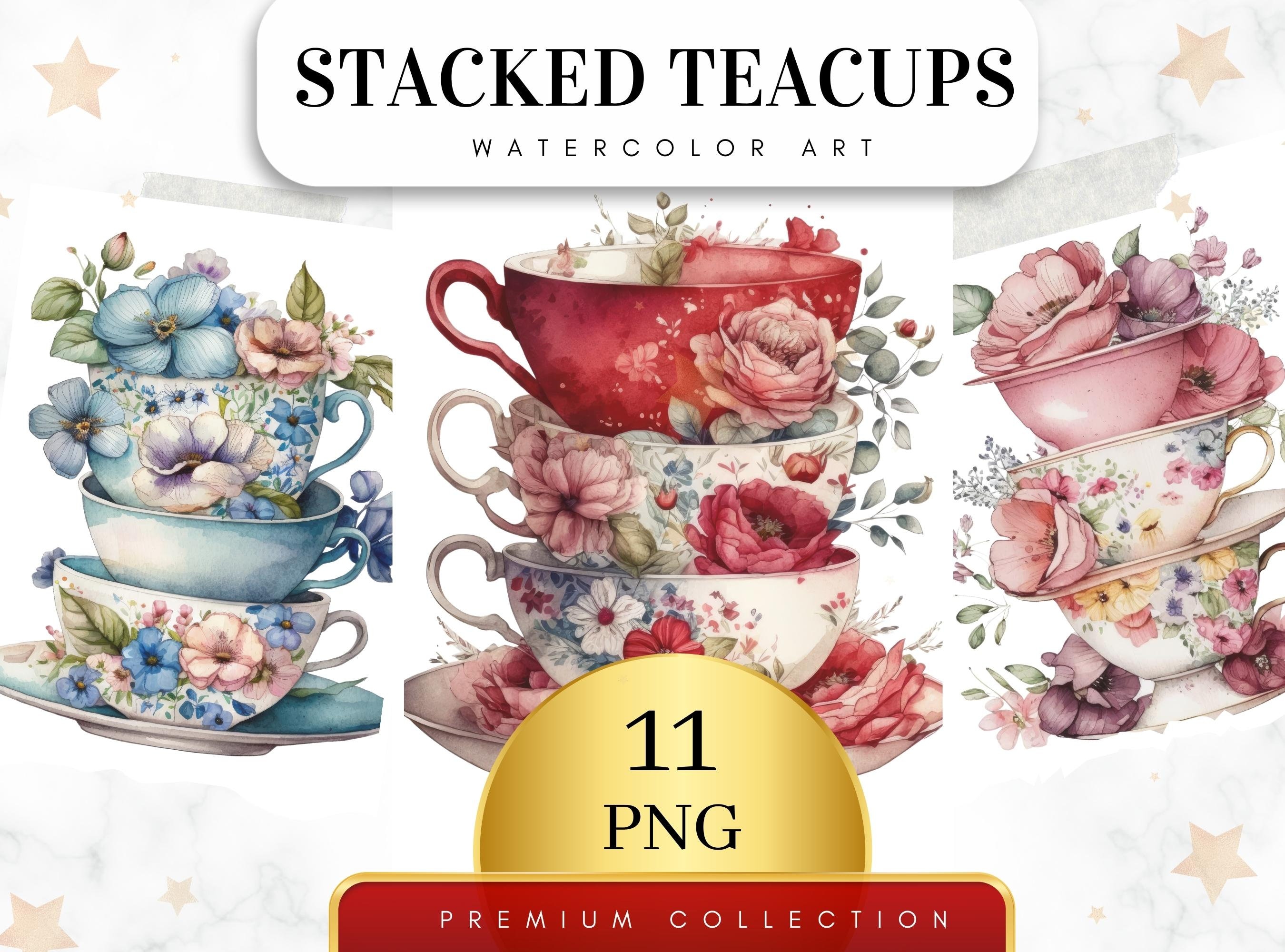 Set of 11, Watercolor Vintage Teacup Clipart, Tea Time art, Flower Teacup Png, Scrapbook, Junk Journal, Digital Art, Sublimation,Digital PNG