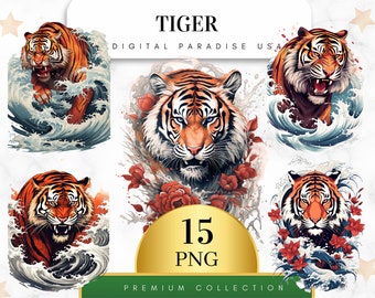 Set med 15, akvarell tiger clipart, tiger PNG, djungeldjur clipart, safaridjur, zoodjur, väggkonst, sublimering PNG, digital nedladdning