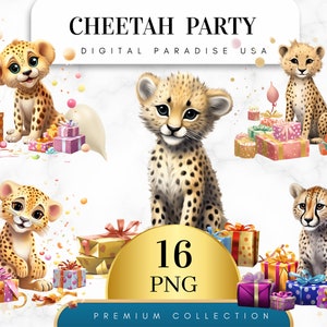 Set of 16, Cheetah Party Clipart, Cheetah Gifts PNG, Animal Clipart, Cheetah Clipart, Jungle Junk Journal, Digital Download, Sublimation PNG
