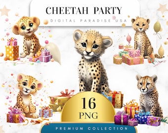 Set of 16, Cheetah Party Clipart, Cheetah Gifts PNG, Animal Clipart, Cheetah Clipart, Jungle Junk Journal, Digital Download, Sublimation PNG