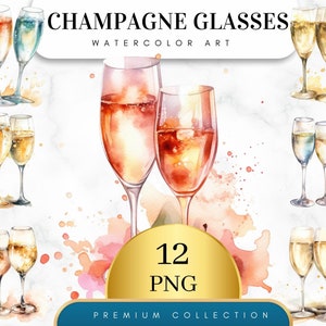 Conjunto de 12, clipart de taças de champanhe para casamento em aquarela, clipart de casamento, clipart de champanhe, clipart de taças de champanhe dourado, clipart de taças