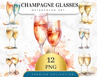 Set of 12, Watercolor Wedding Champagne Glasses Clipart, Wedding Clipart, Champagne Clipart, Gold Champagne Glasses Clipart, Glasses Clipart