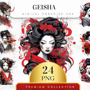 Set of 24, Geisha Clipart, Japanese Geisha, Geisha PNG, Asian Art, Japanese Culture, Junk Journal, Wall Art, Digital PNG, Sublimation PNG