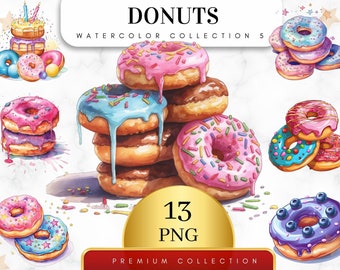 Set of 13, Watercolor Donuts Art, Donuts Clip Art, Dessert Clipart Bundle, Sweet Bakery Food Clipart, Donut png, Food clipart, Digital Png