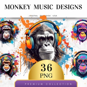 Puede incluir: Un conjunto de 36 ilustraciones digitales que representan monos con auriculares y salpicaduras de pintura de colores en el fondo. El texto "36 PNG" se muestra en un círculo dorado.
